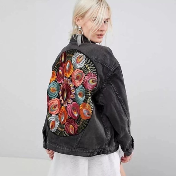 Boho Floral Embroidered Distressed Denim Jacket - Picture 4 of 7